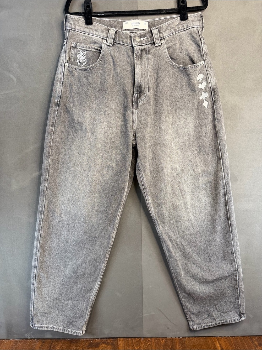 Hollister Baggy Skater Jeans Mens W32 L32 Black Faded Wash Embroidery